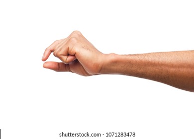 Black Male Hand Measuring Invisible Items, Man's Palm Making Gesture While Showing Small Amount Of Something On White Isolated Background