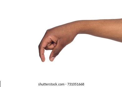 Black male hand measuring invisible items, man's palm making gesture while showing small amount of something on white isolated background