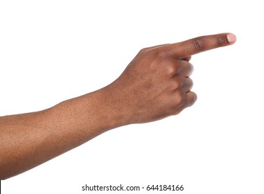 Black male hand point finger. Hand gestures - man pointing on virtual object with forefinger, isolated on white background