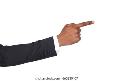 Black Male Hand Point Finger. Hand Gestures - Businessman Pointing On Virtual Object With Forefinger, Isolated On White Background