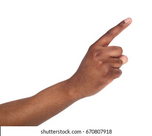 Black Male Hand Point Finger. Hand Gestures - Man Pointing On Virtual Object With Forefinger, Isolated On White Background