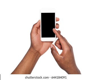 Black Male Hand Touching Mobile Phone Display And Pointing With Index Finger On Blank Screen, White Isolated Background, Copy Space, Cutout