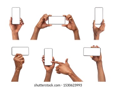 Black Male Hands Holding Smartphone With Blank Screen Isolated On White Background