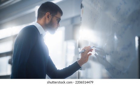 Black Male Scientist Solving Complex Mathematical Problems Standing And Writing Long Formulas On Whiteboard. Higher Education, Science, Technology And Innovation Concept.