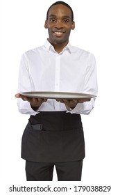 Black Male Waiter Carrying A Blank Tray For Composites