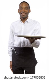 Black Male Waiter Carrying A Blank Tray For Composites