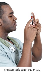 A Black Man African American Doctor Holding A Test Tube Vial Sample Of Blood