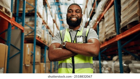 Black man, arms crossed and happy in warehouse on portrait for manufacturing as manager in Uganda. Male person, employee and smile with confidence at wholesale for package, supply chain and delivery - Powered by Shutterstock