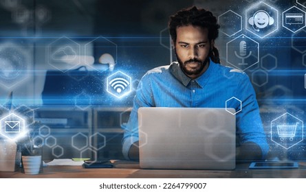 Black man in business, app icons with laptop and digital transformation, information technology and global network. Hologram, 3D and overlay with wifi, software and futuristic with cloud computing