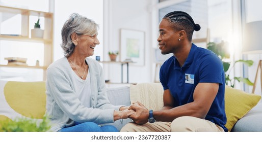 Black man, caregiver or old woman holding hands for support consoling or empathy in therapy. Medical healthcare advice, senior person or male nurse nursing, talking or helping elderly patient. - Powered by Shutterstock