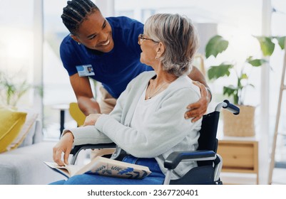 Black man, caregiver or old woman in wheelchair talking or speaking in homecare rehabilitation together. Medical healthcare advice or male nurse nursing or helping elderly patient with disability - Powered by Shutterstock