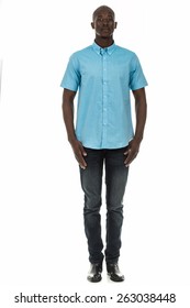 Black Man In Checkered Short Sleeve Collar Shirt On Isolated White Studio Background