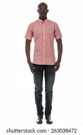 Black Man In Checkered Short Sleeve Collar Shirt On Isolated White Studio Background