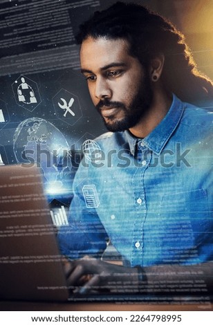 Black man, coding and global network with icons, laptop and app with digital transformation and overlay. IT, cyber with programming and software update with Earth hologram, 3D and cloud computing