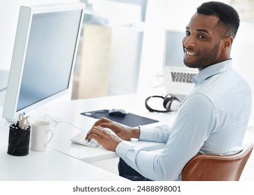 Black man, computer and design software at desk, online and transform website on office internet. Male person, cloud computing and feedback for html code, programming and algorithm for cybersecurity