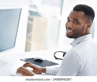 Black man, computer and software developer portrait at desk, online and design website in office. Male person, cloud computing and feedback for html code, programming and algorithm for cybersecurity