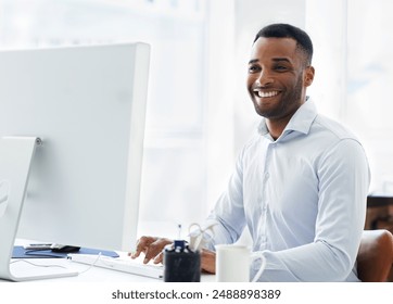 Black man, computer and software developer at desk, online and design website on office internet. Male person, cloud computing and feedback for html code, programming and algorithm for cybersecurity