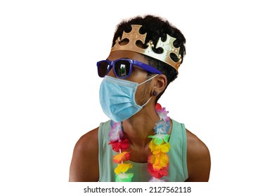 Black Man In Costume For Carnival With Pandemic Mask Isolated.