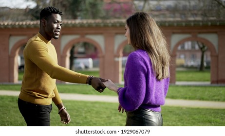 Black Man Dancing With Girlfriend Outside, Interracial Affectionate Couple Dance At Park