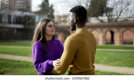 Black Man Dancing With Girlfriend Outside, Interracial Affectionate Couple Dance At Park