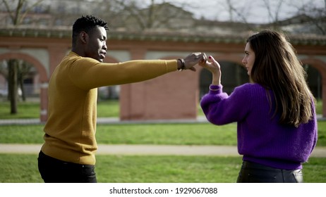 Black Man Dancing With Girlfriend Outside, Interracial Affectionate Couple Dance At Park