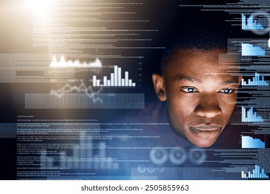 Black man, data and analytics with overlay for future development, statistics or dashboard. Young African, male person or analyst with graph, chart or digital information with futuristic technology