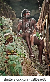 Black Man With Dreadlocks In The Image Of The Taino Indian In Habitat, Body Painting Taino Symbols