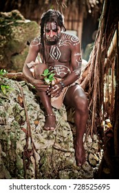 Black Man With Dreadlocks In The Image Of The Taino Indian In Habitat, Body Painting Taino Symbols