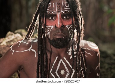 Black Man With Dreadlocks In The Image Of The Taino Indian In Habitat, Body Painting Taino Symbols