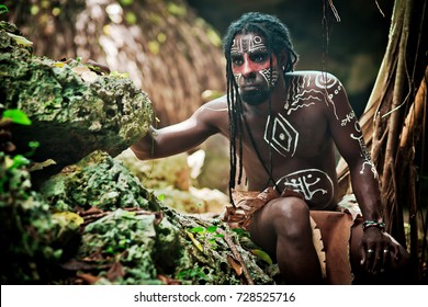 Black Man With Dreadlocks In The Image Of The Taino Indian In Habitat, Body Painting Taino Symbols