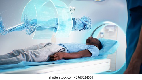 Black man during futuristic full body CT scan