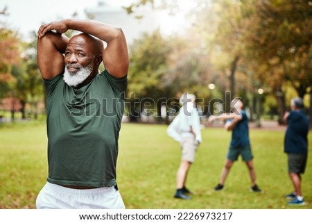 Black man, exercise and senior stretching in park, fitness and workout, energy and healthy lifestyle outdoors. African old man training with motivation in nature for strong body, wellness and sports
