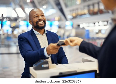 Black man, giving passport and airport for travel, security and identity for global transportation service. African businessman, documents and concierge for immigration with international transport - Powered by Shutterstock