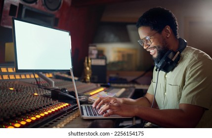 Black man, happy or laptop for music recording, sound engineering or song composition in studio. Producer, DJ or smile musician on technology with ideas for live streaming radio, audio or media album - Powered by Shutterstock