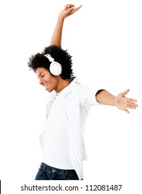 Black Man Having Fun Listening To Music - Isolated Over A White Background