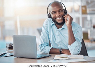 Black man, headset and consultant in office, laptop and call centre operator or secretary. Male person, assistant and telemarketing or customer support, technical service and receptionist for crm