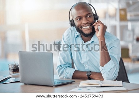 Black man, headset and consultant in office, laptop and call centre operator or secretary. Male person, assistant and telemarketing or customer support, technical service and receptionist for crm