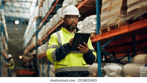 Black man, helmet and tablet at warehouse for distribution industry, logistics checklist and package inventory. Worker, digital and inspection site of shipping order, supply chain and quality control
