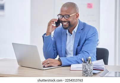 Black man, laptop and phone call communication in office for web design, online conversation or smile reading tech email. African businessman, happy planning strategy and talking on smartphone call - Powered by Shutterstock