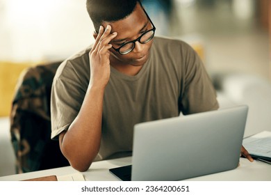 Black man, laptop and soldier with headache in stress, mental health or burnout from thinking at home. Frustrated male person with migraine on computer, war or anxiety with debt, online or documents - Powered by Shutterstock