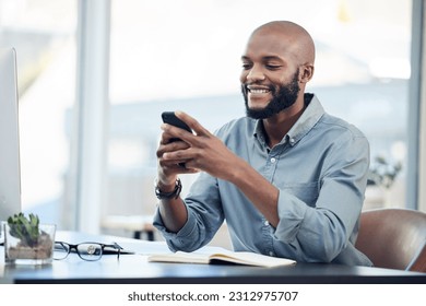 Black man in office, check social media on smartphone and smile at meme, lunch break and communication. Male employee at workplace, using phone and technology, mobile app and contact with chat - Powered by Shutterstock