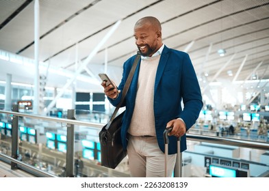 Black man with phone, airport and online check in or flight schedule in terminal for business trip. Smile, travel and happy businessman checking visa or international destination time on mobile app. - Powered by Shutterstock