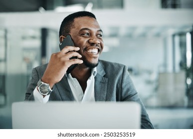 Black man, phone call and laptop for consulting in office, digital notes and calendar app for schedule. Male person, talking and contact business client for negotiation on deal, online and discuss - Powered by Shutterstock