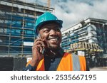 Black man, phone call and talking at construction site, outdoor and inspector for property plan. Male person, civil engineer and contractor speaking to client, communication app and urban project