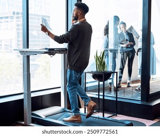 Black man, phone call and walking on treadmill for talking, fitness and health as speaker in modern office. Male person, mobile and working with paperwork, communication and company for investor deal - Powered by Shutterstock