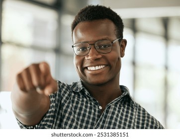 Black man, portrait or hand pointing for selection, choice or vote for opportunity, recruitment or decision in office. Smile, business or emoji gesture for you, new job or invitation to join startup - Powered by Shutterstock