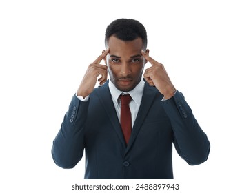 Black man, portrait or professional pointing to temple in studio for thinking of ideas on white background. Male entrepreneur, head and business mindset for solution, problem solving and confidence - Powered by Shutterstock