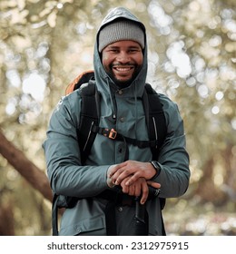 Black man, portrait smile and hiking in nature for travel, adventure and journey in the outdoors. Happy African male person or hiker smiling in trekking, walk or hike for fitness, workout or exercise - Powered by Shutterstock