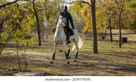 A black man riding a white horse at the farm. - Powered by Shutterstock