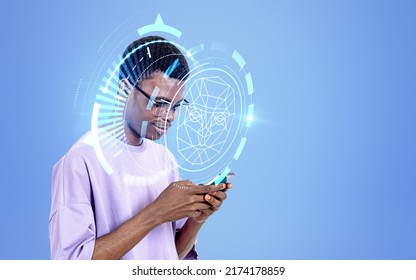 Black Man Smiling Typing In Smartphone, Digital Biometric Scanning Hud. Face Detection And Recognition. Concept Of Face Id And Machine Learning. Copy Space